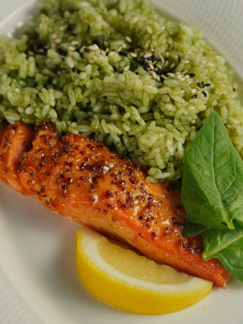 Salmon and green rice nutrition meal